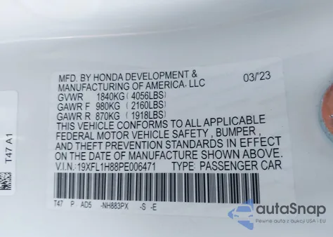 2023 Honda Civic Sport Touring z USA, uszkodzony, nr VIN 19XFL1H88PE006471